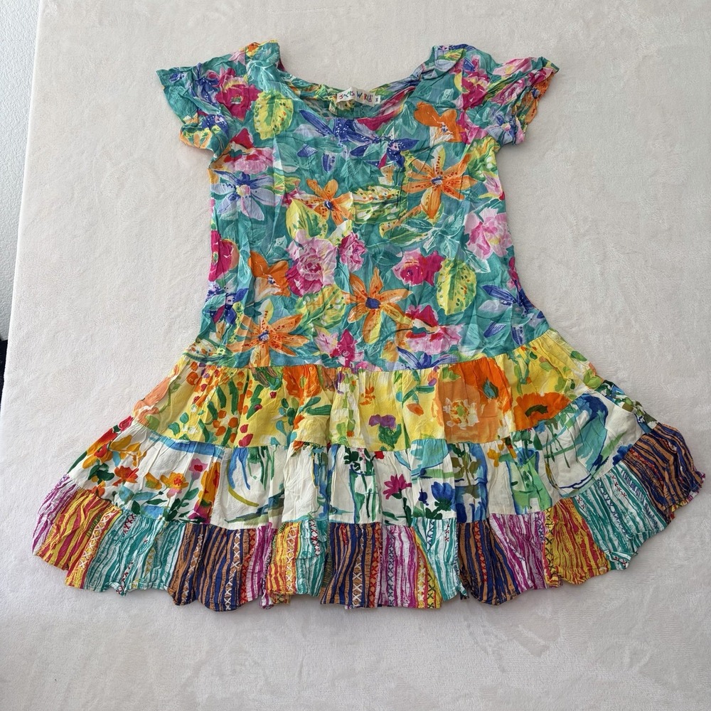 Jams World VTG Floral Tiered Ruffle Dress Colorful Hawaiian Boho M Resort Island